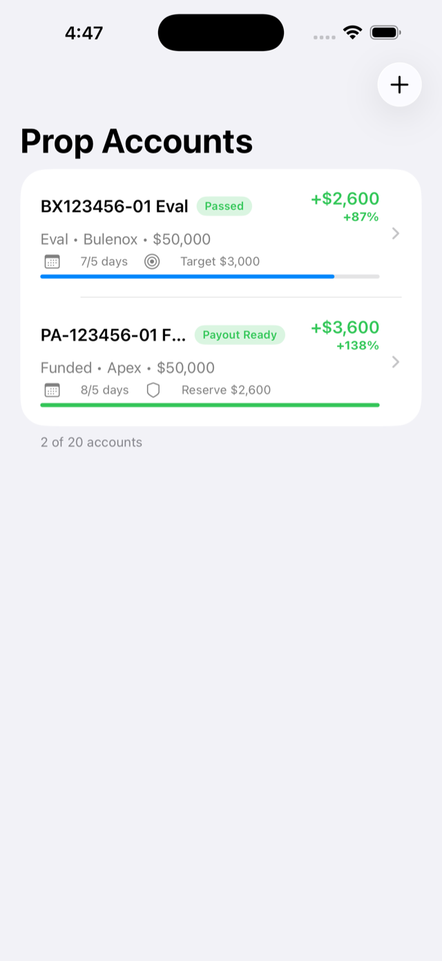 PropDesk home screen showing prop accounts list