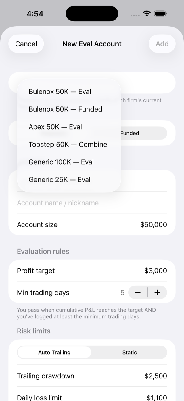 New evaluation account setup with firm templates