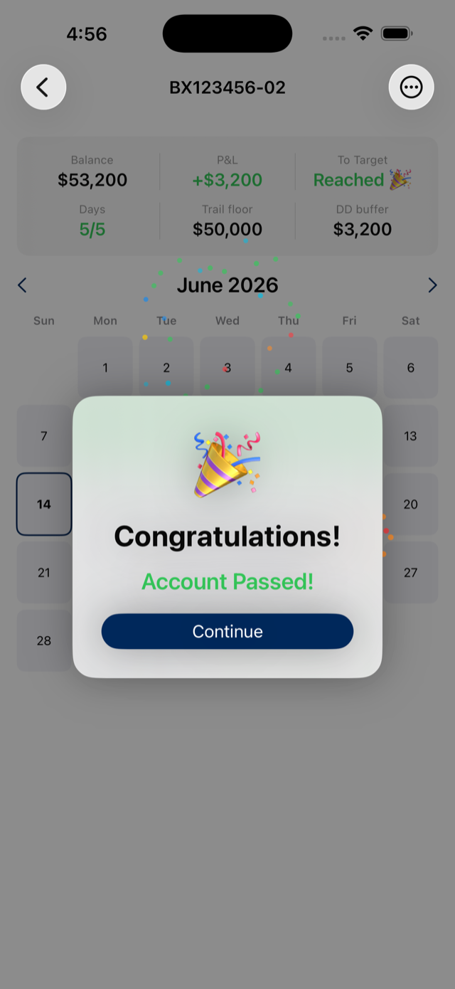 Account passed congratulations screen