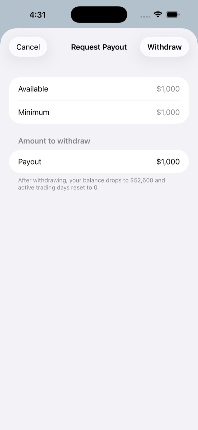 Request payout screen with available balance